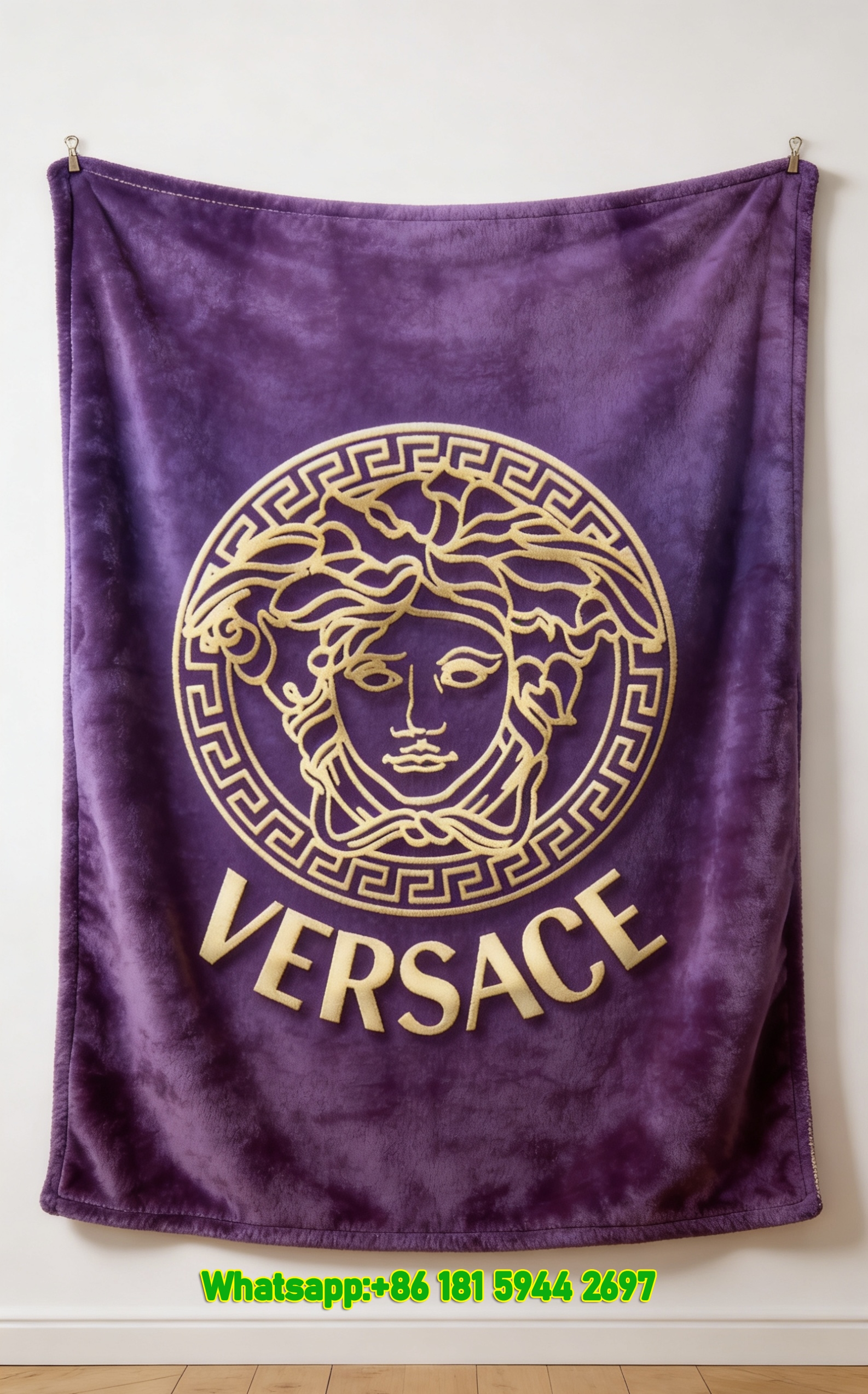 Versace Purple Gold Medusa Greek Key Logo Print Flannel Sofa Throw Blanket IMG_1315